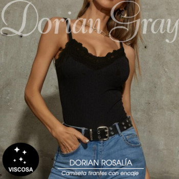 Camiseta de tirantes Rosalía de viscosa con encaje de la marca Dorian Gray en negro
