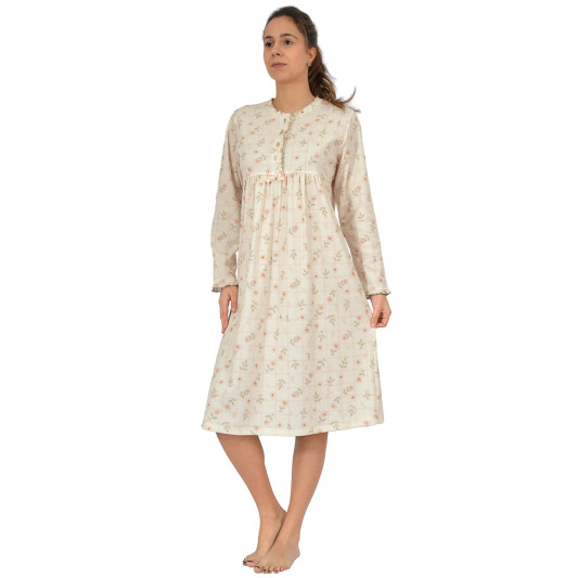 Camisón de mujer SONIA 3020 de manga larga con estampado floral, cuello redondo, botones delanteros y detalle de lazo.